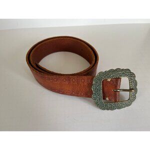 Vintage Women's Linea Pelle Handmade Belt Leather Brass Ornate Rectangle Buckle